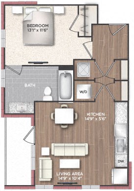 Floor plan for 1 bed, 1 bath, 708 sqft